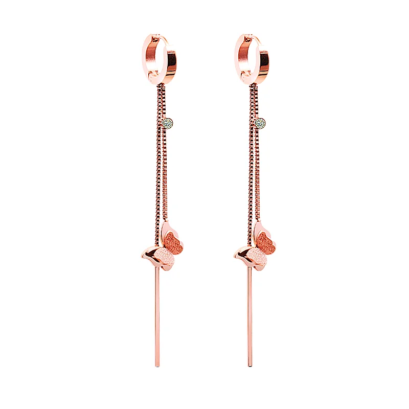 

Korea Fashion New Fine Rose Gold CZ Sweet Butterfly Long Drop Dangle Tassel Earrings beautiful CT Solid Gold layered
