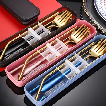 

Portable Fork Spoon Straw Brush Tableware Set Stainless Steel Dinnerware With Box Travel Dinner Set For Kid School Cutlery