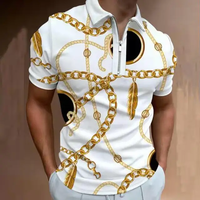 Shirt Fashion Striped Patchwork Short Sleeve Tops For Men Casual Turn-down Collar Zip-up Polo Shirts 2021 Summer Men's Slim Polo PLS-43