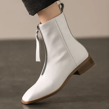 

Genuine Leather Square Heels Women Ankle Boots New Autumn Winter Western Boots for Women Front zipper Square Toe ladies Shoes