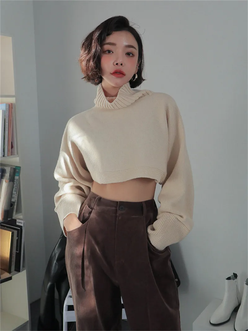 RUGOD, корейский стиль, шикарный свободный свитер с высоким воротом, Женский однотонный укороченный топ, мода, Kpop одежда