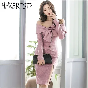 

spring autumn Office Lady 2 Piece Set Women Clothes Slash Neck Bandage Top + High Waist Split package hip Skirt Suits Outfits
