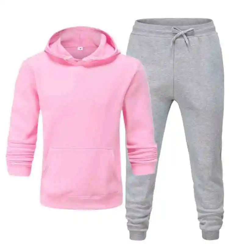 pink Light grey Зимний однотонный костюм с капюшоном, мужской повседневный спортивный костюм, мужская куртка в стиле хип-хоп, пуловер, толстовка, мужские худи+ черные брюки - Цвет: pink Light grey
