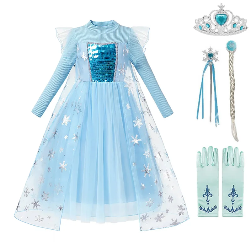 Elsa Dress B Set 3 Зимнее платье Эльзы для девочек; костюмы принцессы с блестками и оборками; Новинка; одежда Снежной Королевы для костюмированной вечеринки; детские вязаные платья От 2 до 10 лет - Цвет: Elsa Dress B Set 3
