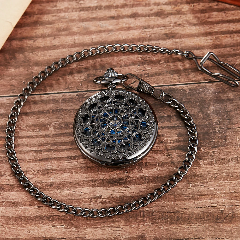Retro Bronze  Mechanical Pocket Watch Vintage Hollow Gear Engraved Pocket Watches Fob Chain Necklace Flip Hand Winding Clock