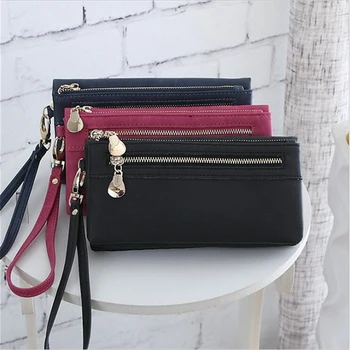 

Women Wallets Dull Polish Leather Double Zipper Day Clutch Wristlet Portable Bag