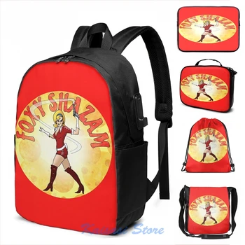 

Funny Graphic print Foxy Shazam - 1960's Retro Image USB Charge Backpack men School bags Women bag Travel laptop bag