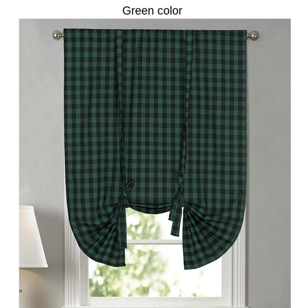 Buffalo Check Tie Up Curtains for Windows - Rod Pocket Semi Sheer Light Reducing Kitchen Valance Curtains, 42 x 63 Inches