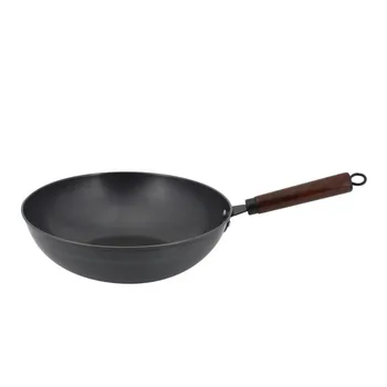 

Uncoated Single Handle Wok Eggs Frying Pan with Wooden Handle Fine Iron Wok with Even Heat Conduction Environment Protection Oil