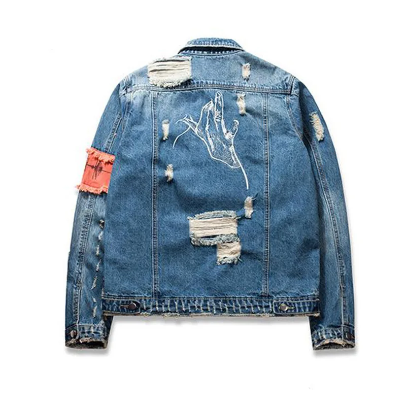 KIOVNO Men High Street Ripped Denim Jackets Coats Sleeves Badge Patchwork Jeans Jackets For Male Waist Belt (10)