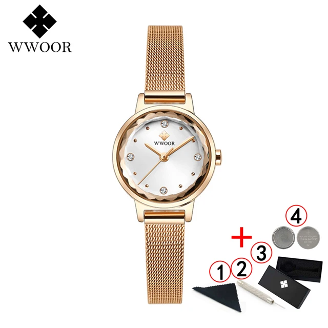 Reloj WWOOR Mujer женские часы Известные Роскошные бренды браслет из нержавеющей стали часы для женщин кварцевые женские часы - Цвет: rose white box