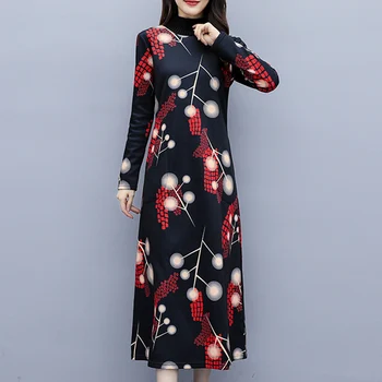 

fashion Print Dress 2019 Autumn Women Elegant Turtleneck Long Sleeve Dress Vintage Thicken warm Dress women 4XL