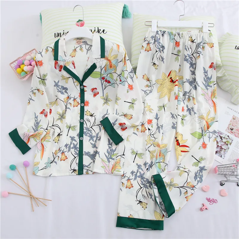 

Silk Pajamas Women Korean-Style Cute Fruit Printed Long Sleeve Long Pants Cardigan Loose Leisure Tops Suit Female