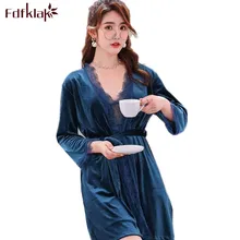 Fdfklak, сексуальный халат на бретельках, набор, длинный рукав, теплый халат, женский, Осень-зима, кружево, открытая одежда для сна, 2 предмета, халаты