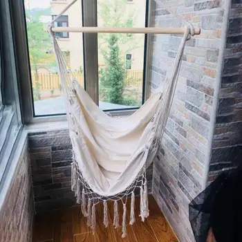 

Bohemia Style Swing Tassels Hammock Cotton Rope Net Beige Tree Hanging Chair Portable Hook Hanging Seat Indoor Garden hamaca