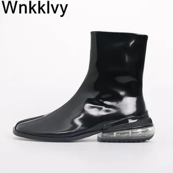 

Transparent air cushion short boots Woman flat heel split Toe genuine Leather ankle Botas 2020 pig trotter horseshoe boots