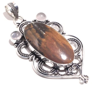 

Genuine Jasper + Rose Quartz Pendant Silver Overlay over Copper , Hand made Women Jewelry gift, P8414