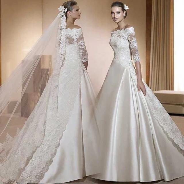 

2016 Elegant A Line Off the Shoulder Satin Tulle Lace Top Half Sleeves Wedding Dresses