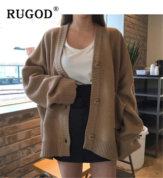 

RUGOD 2019 Korean knitted women cardigan sweater Vintage solid single-breasted outwear female Fashion winter oversized knit coat