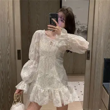 

COIGARSAM French Style Lace Women dress Sexy Full Sleeve Hollow Out V-Neck Dresses Rice White 5019
