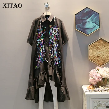 

XITAO Large Size Sequined Blouse Turn Down Collar Patchwork Street Pleated Irregular Wild Joker Single Breasted New ZLL4993