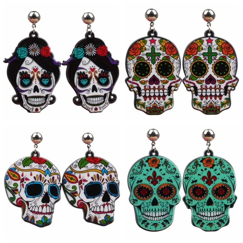

Calavera Sugary-sweet Skull Earrings Celebrate Mexican Day Halloween Acrylic Flora Sugar Skull Earring For Women 4 colors