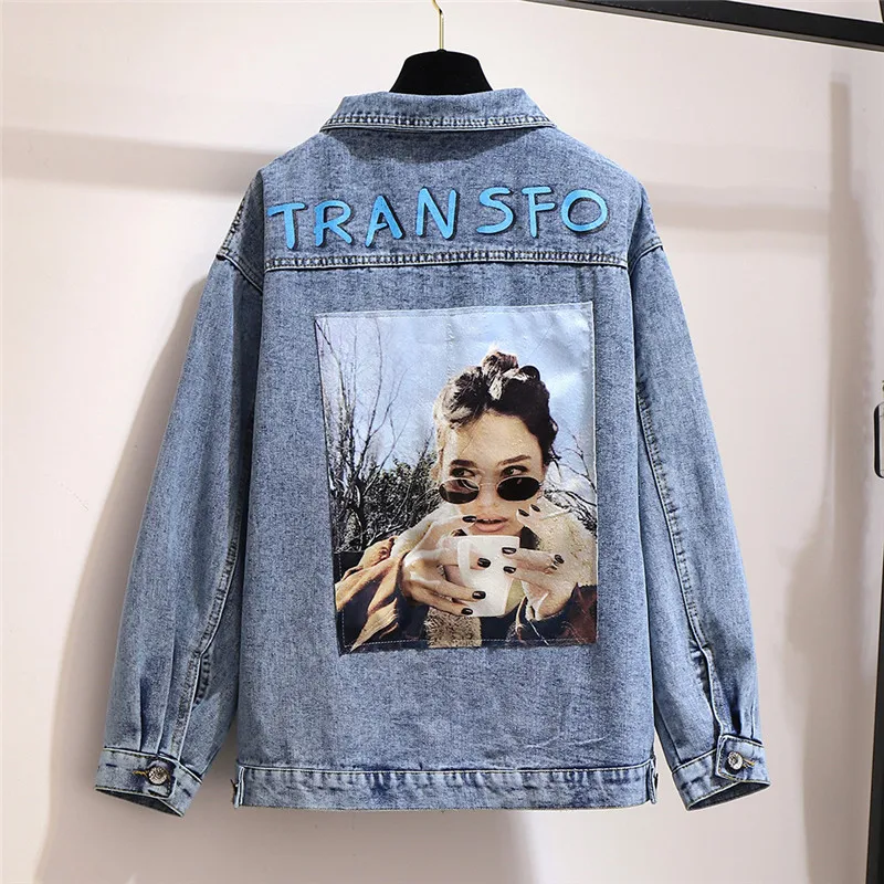 Плюс Размер XXL-6XL джинсовая куртка женская весна осень патч печати Повседневный Топ Джинсы Верхняя одежда женская 140 кг можно носить G662