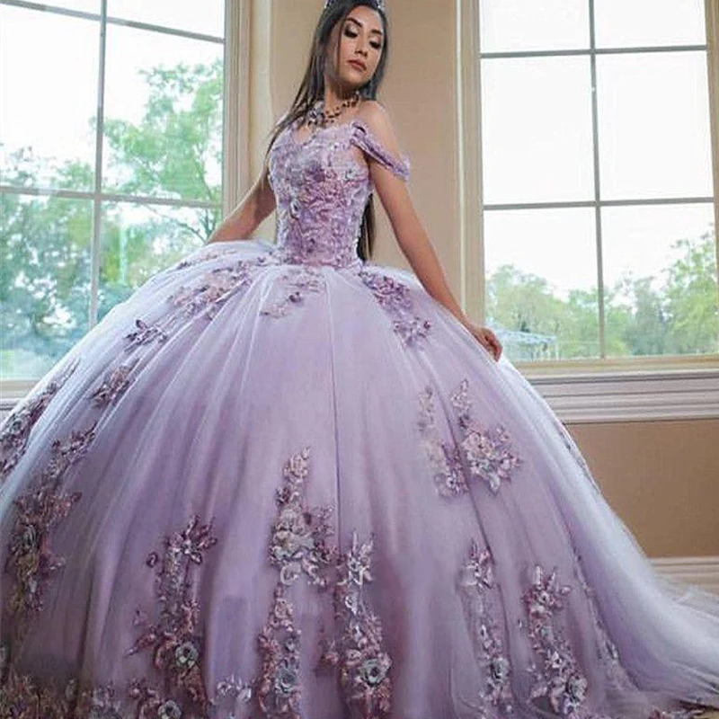 Lilac Quinceanera Dresses Off the Shoulder Lace Applique Beaded Crystals Tulle Custom Made Prom Ball Gown Sweet 16 Princess