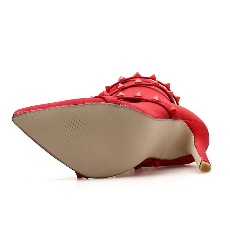 BAYUXSHU/фирменный дизайн; пикантные ботильоны с заклепками; женские туфли-лодочки; обувь с острым носком на высоком тонком каблуке; ботинки в байкерском стиле «Челси» размера плюс