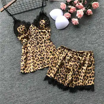 

Womens Summer Sleepwear Set Sexy Leopard Print Silk Home Wear Fashion Trending Lace Sitching Pajamas Lady Sling Underwear 2020