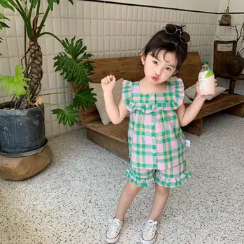 

2020 Hot Selling Baby Girls 2 PCS Set Plaid Blouse+Shorts Summer Kids Girls Suits 1-6 Years