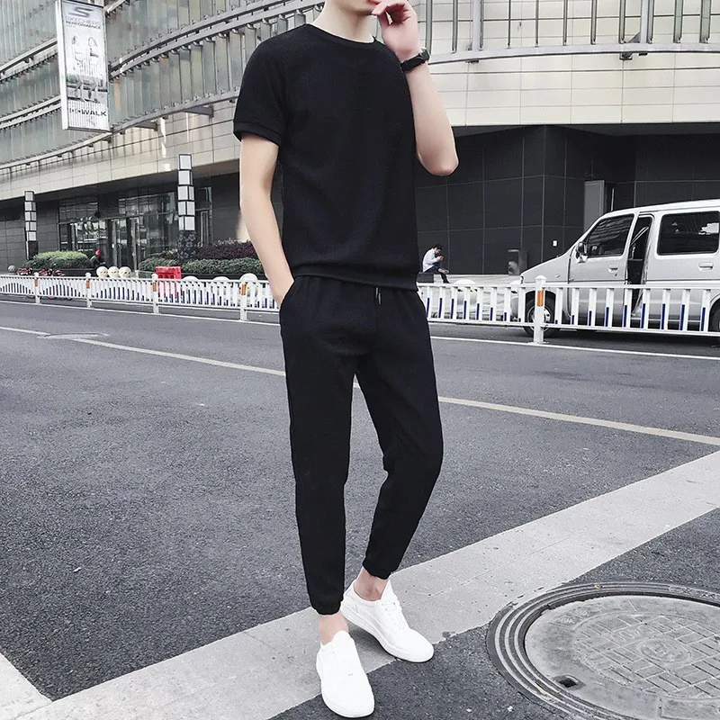 Fashion Casual Mens Short Sleeve T-Shirts Ankle Calf Length Pants Loose Fit Plus Size Male 2Pcs Sets Sportswear