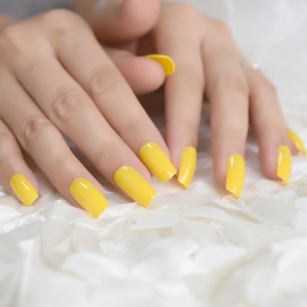 Однотонные, лимонно-желтый с пришитыми штанинами, Модные накладные ногти УФ-гель полное покрытие Акриловые искусственные накладные Пресс для ногтей, 24 шт/комплект