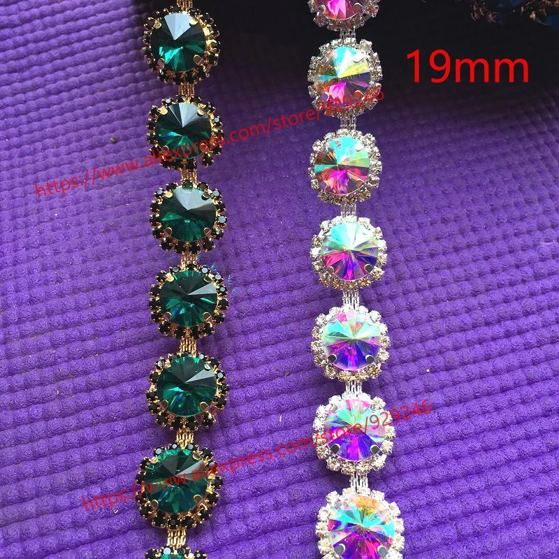 

1.9cm AB crystal flower trims for dancing costumes ornaments peacock green glass rhinestone gold chain for garments DIY stones