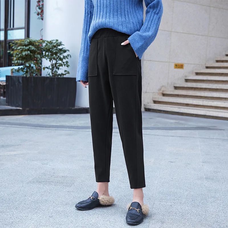 Autumn Winter Casual Straight pants female loose high Waist knitted wide leg pants Trousers Womens Harem Pants woolen solid