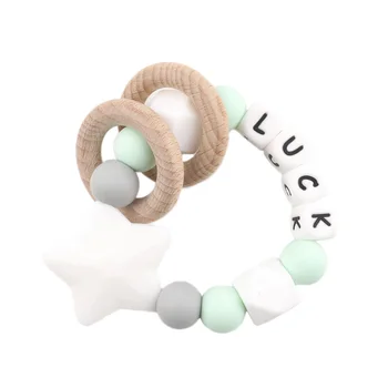 

1PC Baby Teether Customize Name Bracelet Silicone Star Beads Chewing Wooden Ring Trolley Rattle For Kids Products Toy
