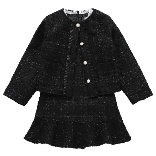 jacket and dress set Осенне-зимняя куртка с перламутровыми пуговицами для девочек от 3 до 12 лет, расклешенное платье с длинными рукавами комплекты одежды из двух предметов - Цвет: jacket and dress set