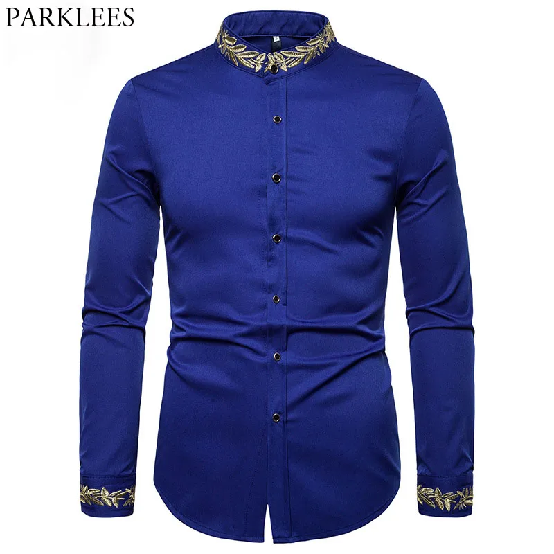 Мужская рубашка с золотой вышивкой, осень, мужские рубашки со стоячим воротником, повседневные облегающие рубашки с длинным рукавом, Chemise Homme Camisa Masculina - Цвет: royal blue