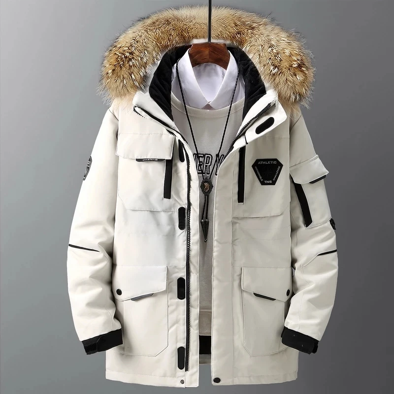 Chaqueta de plumón de pato para hombre, Parkas de plumón de pato blanco 90%, abrigos de 30 grados con múltiples bolsillos, Cuello de piel grueso, sobretodo de plumón cálido