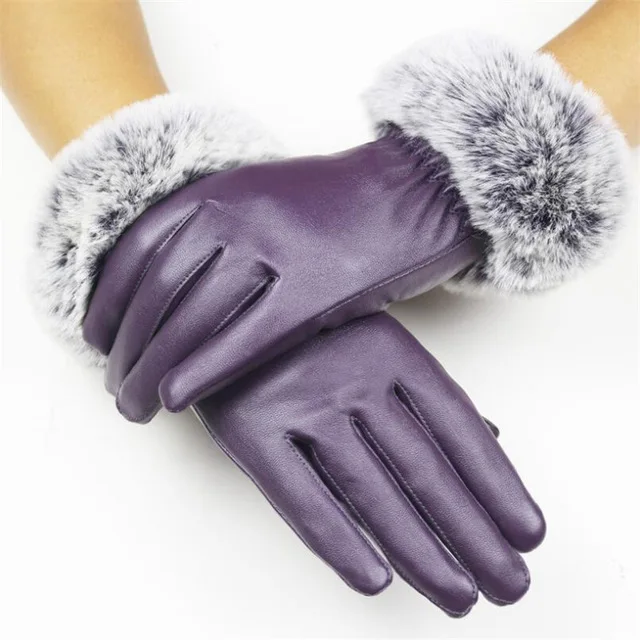 Перчатки из искусственной кожи CUHAKCI, зимние варежки для девочек, теплые перчатки красного и черного цвета, женские перчатки на полный палец, рождественский подарок для женщин, варежки - Цвет: G151 Wool Purple