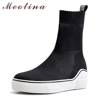 

Meotina Winter Ankle Boots Women Boots Knitting Flat Platform Short Boots Slim Stretch Round Toe Shoes Ladies Autumn Size 34-39