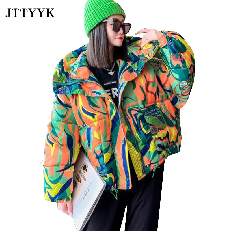 Warm Winter Down Jacket Women 2023 Graffiti Print Fashion Hooded Short Parka Girls Thick Streetwear Hip Hop Padded Coat Female