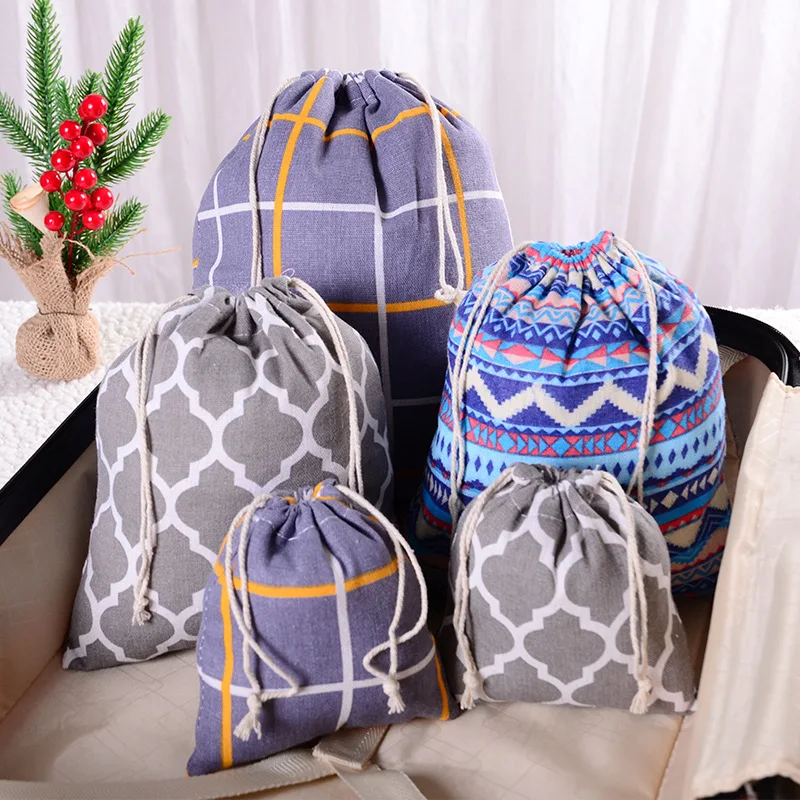 Printed Cotton and Linen Drawstring Storage Bag Linen Sundry Underwear Travel Gift Storage Bag