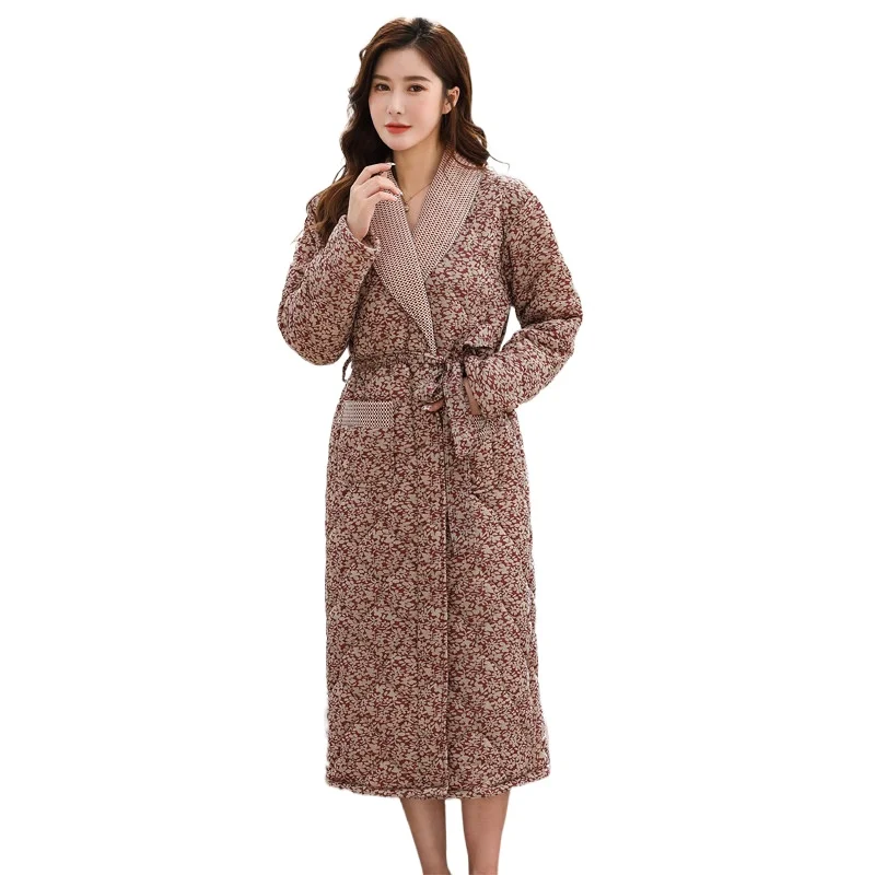 Winter Small Flower Bathrobe Longsleeve Women Pajamas Quilted Jacket