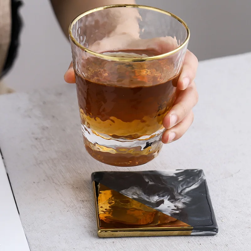2Pcs Nordic Marble Coaster Ceramic Coasters Black& Gold Non-slip Insulation Mat Round Square Octagon Cup Mat Home Table Decor