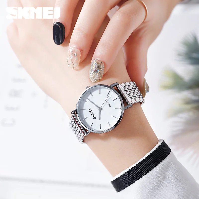 SKMEI, женские кварцевые часы, женские часы, Relogio Feminino, Роскошные, нержавеющая сталь, для девушек, наручные часы, серебряный цвет, 1567