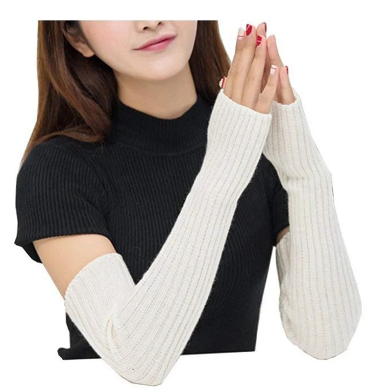 Women Winter Arm Warmers Cashmere Fingerless Long Gloves Solid Warm Mittens Elbow Thread Knitted Sleeves 50cm Glove - Цвет: WT