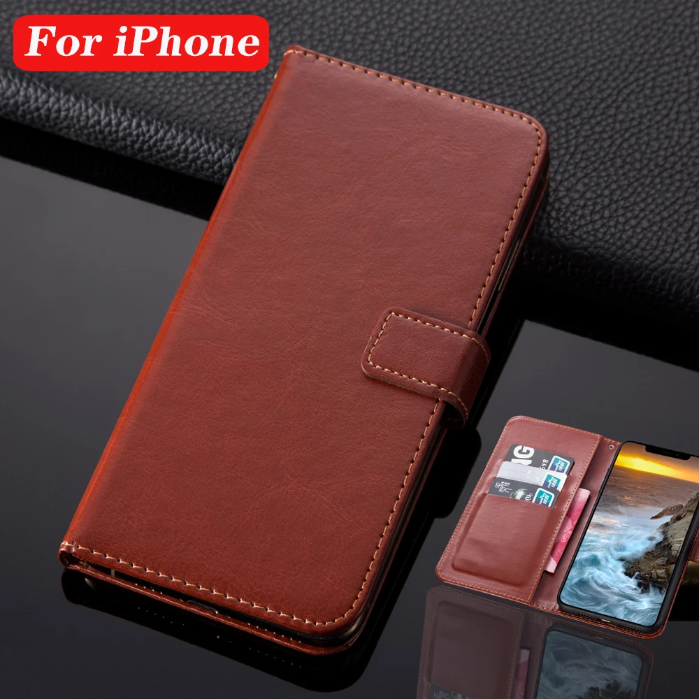 For iPhone X XS Max XR Leather Case on for 7 8 Plus 6 6s sFor 11 Pro Cover Light Flip Book Wallet Phone | Мобильные телефоны и