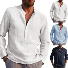 

Mens Long Sleeve Linen Shirt Loose Casual V-Neck Henley T-Shirts Blouse Tee Tops Stylish Slim Button Design Men Basic Tops Tees