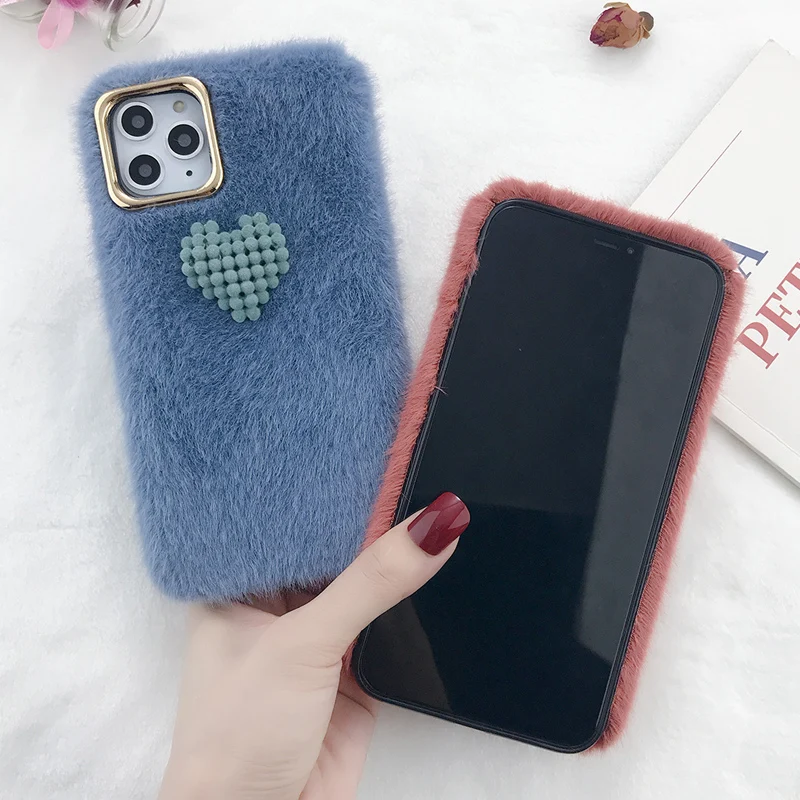 USLION Пушистый Плюшевый чехол для телефона с сердечками для iPhone 11 Pro Max X XR Xs Max мягкая однотонная цветная крышка из ТПУ для iPhone 7 8 Plus